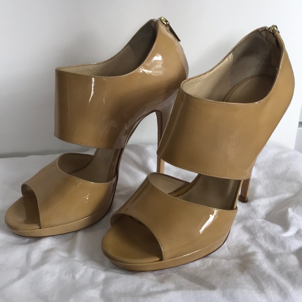 Jimmy Choo “Private” Nude Patent Open Toe Pumps